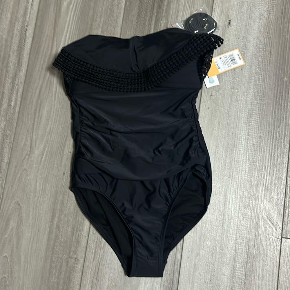Black Womens X small Strapless Ruffle One Piece Swimsuit NWT